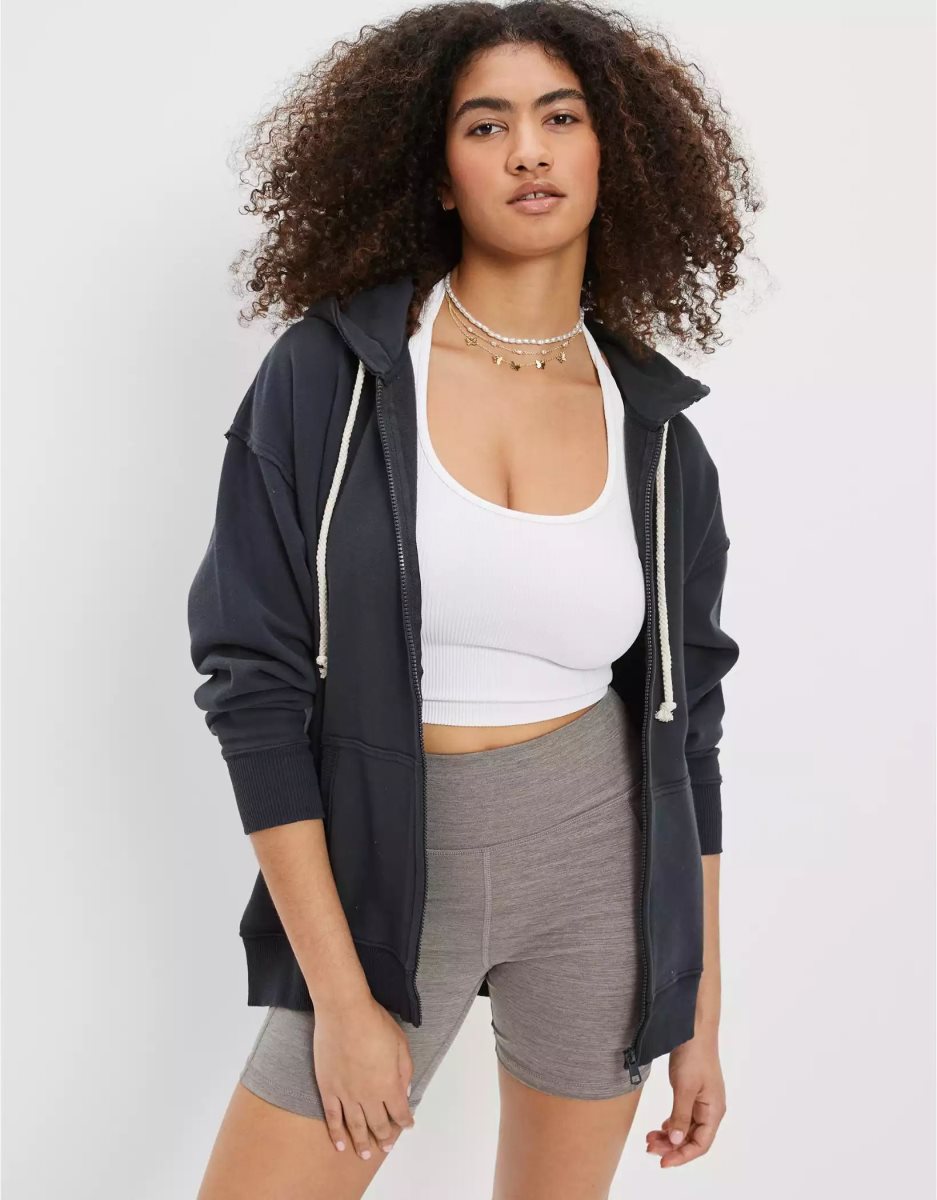 Sweat à Capuche American Eagle AE Oversized Zip-Up Noir Femme | TIL-23836160